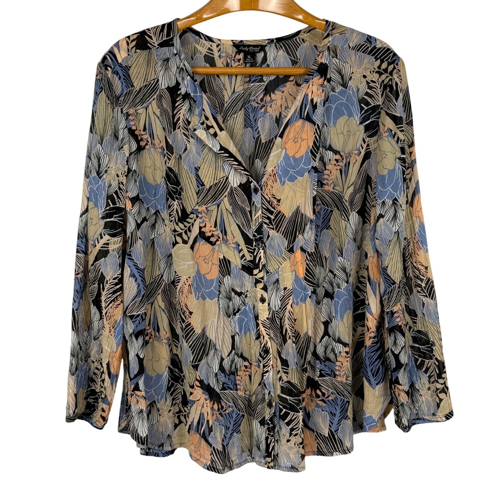 Lucky Brand XL Floral Button Front Blouse Blue Black Boho Long Sleeve Shirt